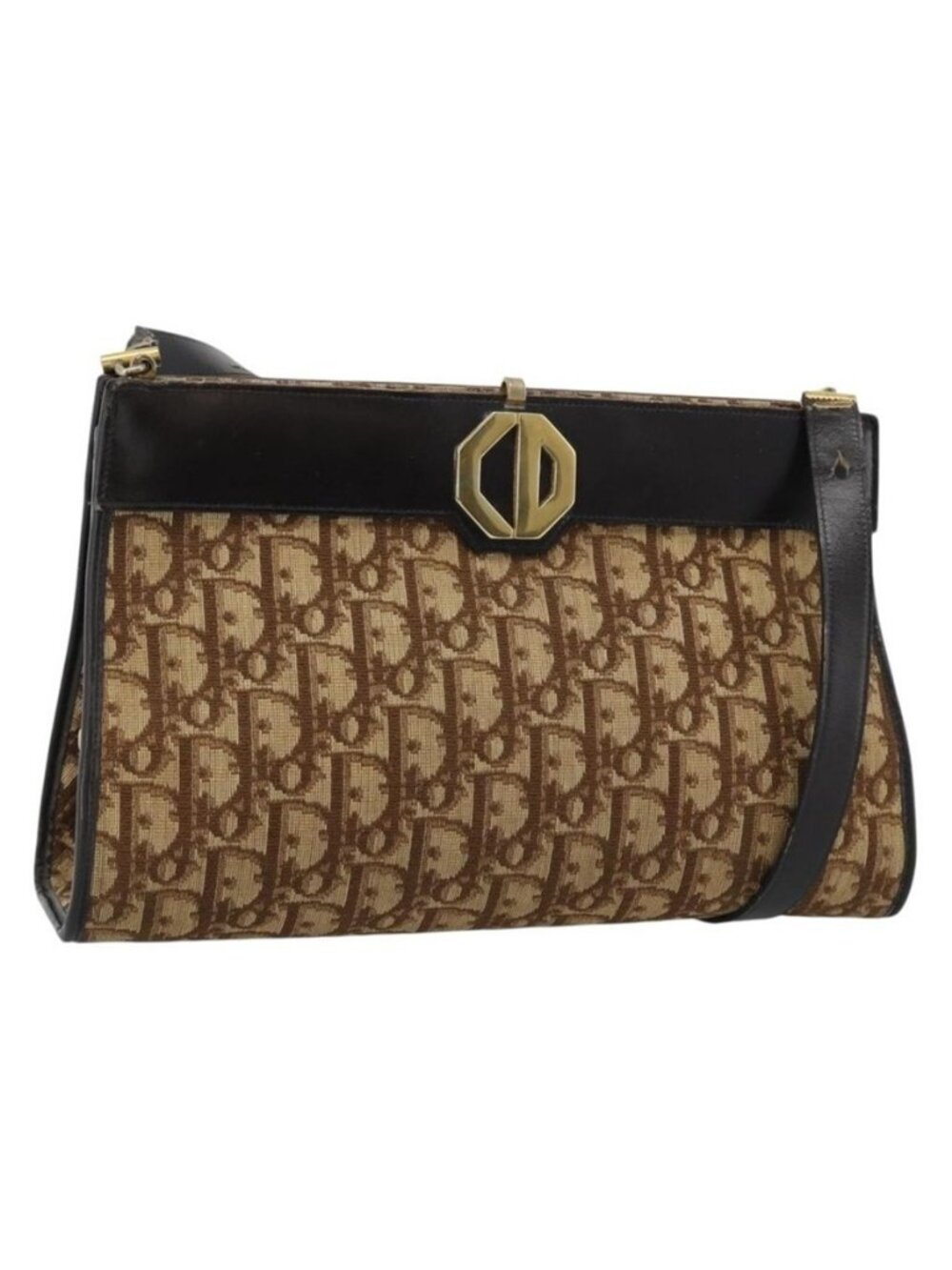 Authentic Christian Dior Trotter Canvas Shoulder Bag Beige Gold